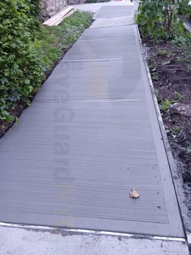Smooth new concrete walkway lined with plants